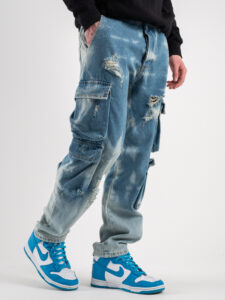 Jeans camouflage con tasconi laterali e rotture BICE Azzurro (3)