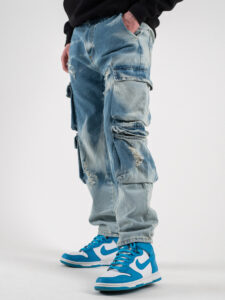 Jeans camouflage con tasconi laterali e rotture BICE Azzurro (4)