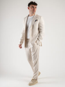 BERNA Abito in misto lino con Giacca monopetto + Pantalone con coulisse 243408 Naturale (2)