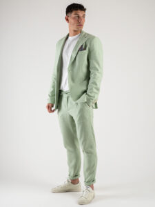 BERNA Abito in misto lino con Giacca monopetto + Pantalone con coulisse 243408 Verde Mela (2)