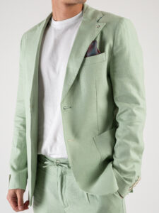 BERNA Abito in misto lino con Giacca monopetto + Pantalone con coulisse 243408 Verde Mela (3)
