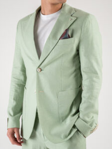 BERNA Abito in misto lino con Giacca monopetto + Pantalone con coulisse 243408 Verde Mela (5)