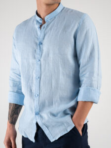 OVER-D Camicia in lino con collo coreana OE1S2S4C47 Celeste (3)