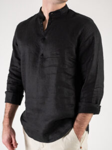 OVER-D Camicia in lino mod. serafino con collo coreana OE1S2S4C48 Nera (3)