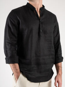 OVER-D Camicia in lino mod. serafino con collo coreana OE1S2S4C48 Nera (4)