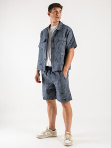 Coordinato corto effetto jeans rovinato con camicia crooped mm + Bermuda con coulisse C823 Denim (2)