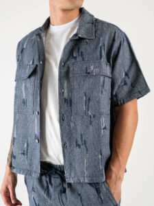 Coordinato corto effetto jeans rovinato con camicia crooped mm + Bermuda con coulisse C823 Denim (3)