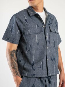 Coordinato corto effetto jeans rovinato con camicia crooped mm + Bermuda con coulisse C823 Denim (5)