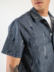Coordinato corto effetto jeans rovinato con camicia crooped mm + Bermuda con coulisse C823 Denim (7)