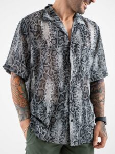 Camicia leggerissima a MM in fantasia pitonata con collo bowling CAM7740 Grigia (3)