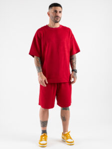 Coordinato corto in tessuto lavorato con t-shirt over + Bermuda con coulisse L815012 Rosso (2)