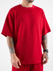 Coordinato corto in tessuto lavorato con t-shirt over + Bermuda con coulisse L815012 Rosso (3)