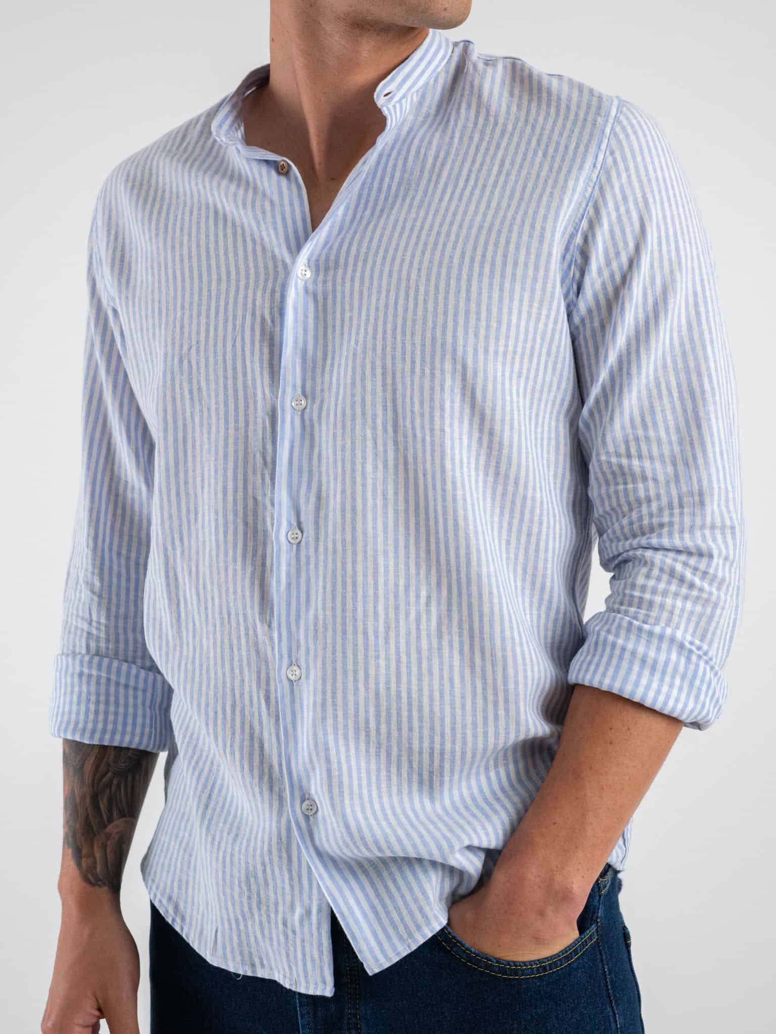 ESTASI Camicia coreana in misto lino a righe larghe NAPOLI Azzurra Prezzo 0 00 Estasi Fashion