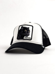 GOORIN BROS Cappellino bianco con visiera nera e patch in pelle bianca stampa PANTHER (1)
