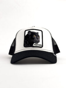 GOORIN BROS Cappellino bianco con visiera nera e patch in pelle bianca stampa PANTHER (2)