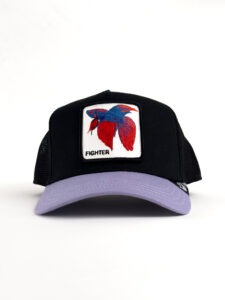 GOORIN BROS Cappellino nero con becca viola e patch in pelle bianca stampa Pesce FIGHTER (2)
