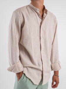 AKIRO’ Camicia tinta unita in lino con collo a coreana DM0130 Beige (1)