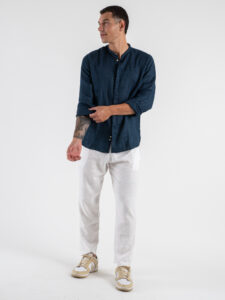 BERNA Camicia coreana in lino 243200 Cobalto (2)