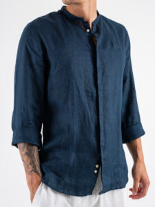 BERNA Camicia coreana in lino 243200 Cobalto (3)