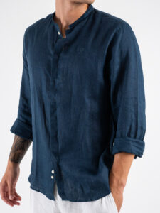 BERNA Camicia coreana in lino 243200 Cobalto (4)