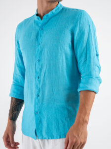 Camicia coreana in lino 211 Turchese (1)
