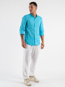 Camicia coreana in lino 211 Turchese (2)
