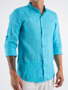 Camicia coreana in lino 211 Turchese (3)