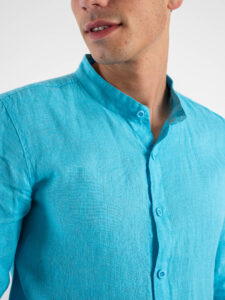 Camicia coreana in lino 211 Turchese (4)