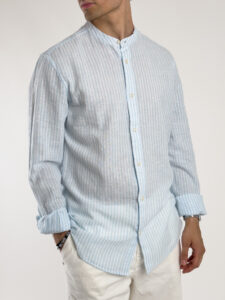 ONLY&SONS Camicia a righe in misto lino con collo alla coreana CAIDEN 22026602 Cashmere Blue (2)