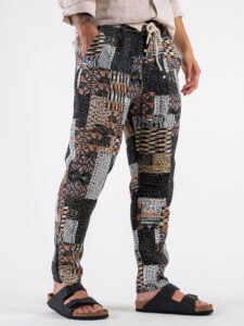 Pantalone leggero in fantasia etnica in lino e con coulisse in vita 300730 Nero (4)