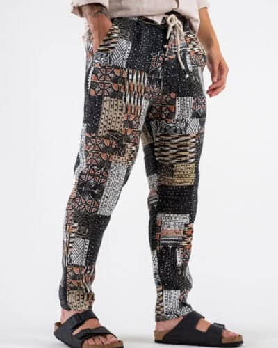 BL11 Pantalone leggero in fantasia etnica in lino e con coulisse in vita 300730 Nero