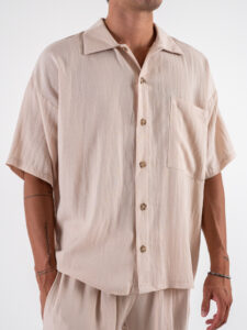 coordinato misto lino con pantalone baggy con pinces e camicia mm APERITIF Beige (5)