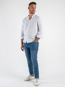 Camicia coreana in misto lino a righe bicolore KEY WEST AzzurraBlu (2)