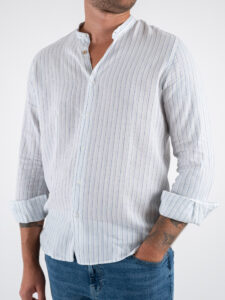 Camicia coreana in misto lino a righe bicolore KEY WEST AzzurraBlu (3)