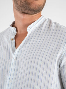 Camicia coreana in misto lino a righe bicolore KEY WEST AzzurraBlu (4)