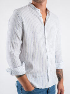 Camicia coreana in misto lino a righe bicolore KEY WEST AzzurraBlu (5)