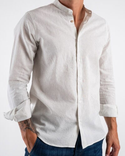 Camicia coreana in misto lino a righe sottili MIAMI Naturale 3 Nuovi Arrivi
