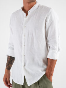 Camicia in puro lino con colletto alla coreana Z901 Bianco (3)