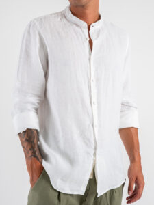 Camicia in puro lino con colletto alla coreana Z901 Bianco (4)