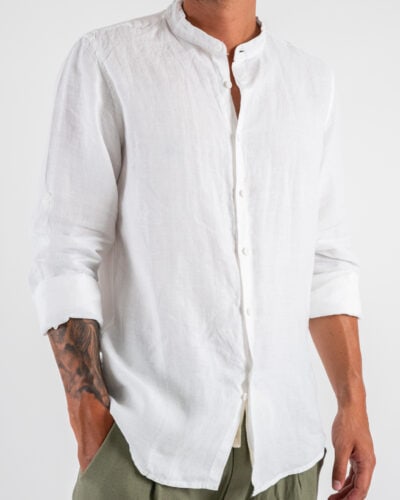 Camicia in puro lino con colletto alla coreana Z901 Bianco