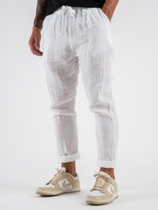 ESTASI Pantalaccio slim fit in lino con coulisse in vita COCORICO’ Bianco (2)