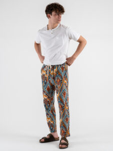 ESTASI Pantalone misto linoviscosa in fantasia etnica ZANZIBAR Turchese (2)