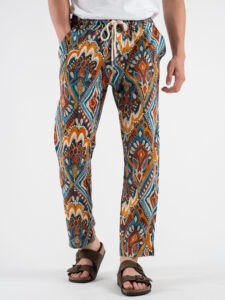 ESTASI Pantalone misto linoviscosa in fantasia etnica ZANZIBAR Turchese (3)