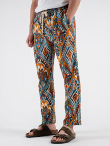 ESTASI Pantalone misto linoviscosa in fantasia etnica ZANZIBAR Turchese (4)