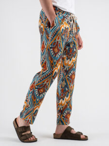 ESTASI Pantalone misto linoviscosa in fantasia etnica ZANZIBAR Turchese (5)