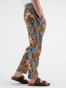 ESTASI Pantalone misto linoviscosa in fantasia etnica ZANZIBAR Turchese (6)