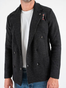 V2 Giacca in maglia misto lana lavorata occhio di pernice doppiopetto con pochette GUOPED Antracite (1)