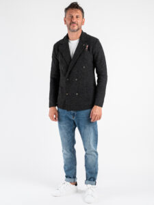 V2 Giacca in maglia misto lana lavorata occhio di pernice doppiopetto con pochette GUOPED Antracite (2)