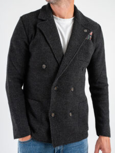 V2 Giacca in maglia misto lana lavorata occhio di pernice doppiopetto con pochette GUOPED Antracite (3)