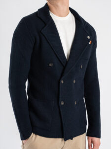 V2 Giacca in maglia misto lana lavorata occhio di pernice doppiopetto con pochette GUOPED Blu (1)